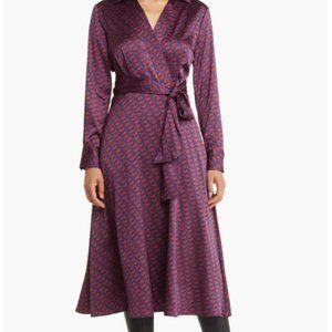 NWT Tahari ASL Geo Print Long Sleeve Hammered Satin Midi Shirtdress, Size 6